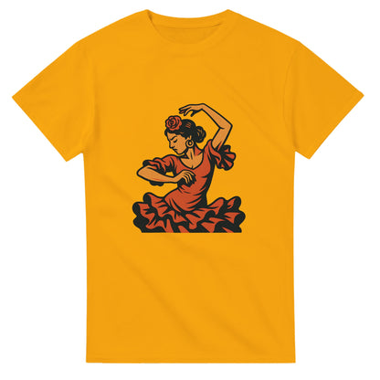 Vintage T-shirt med flamencodansare i varma färger som speglar Spaniens passion och energi.