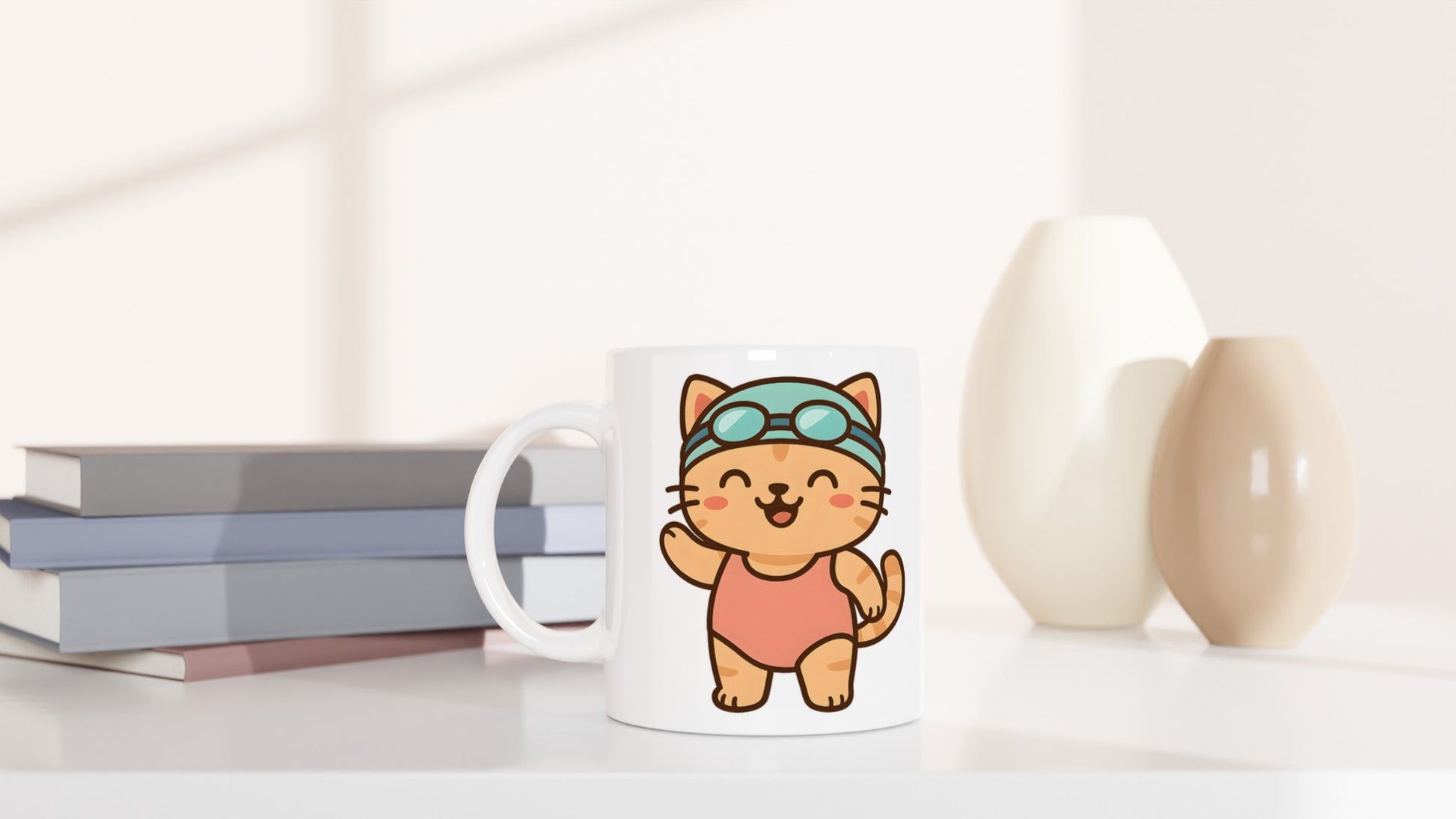 Mugg med tecknad katt i baddräkt och simglasögon, perfekt för simmare. Söt kattmugg för simälskare!