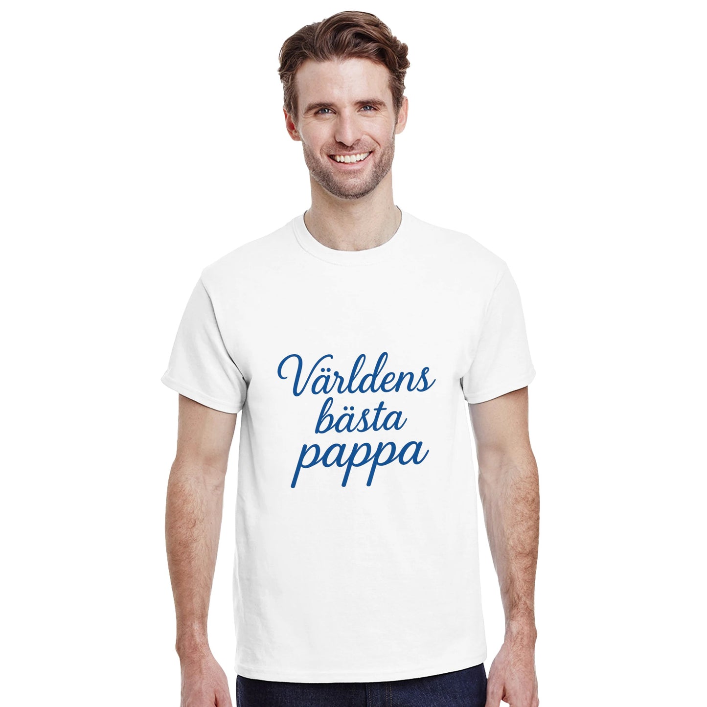 T-shirt med 'Världens bästa pappa' i elegant handskriven font och kunglig blå färg, perfekt för stilfulla pappor.