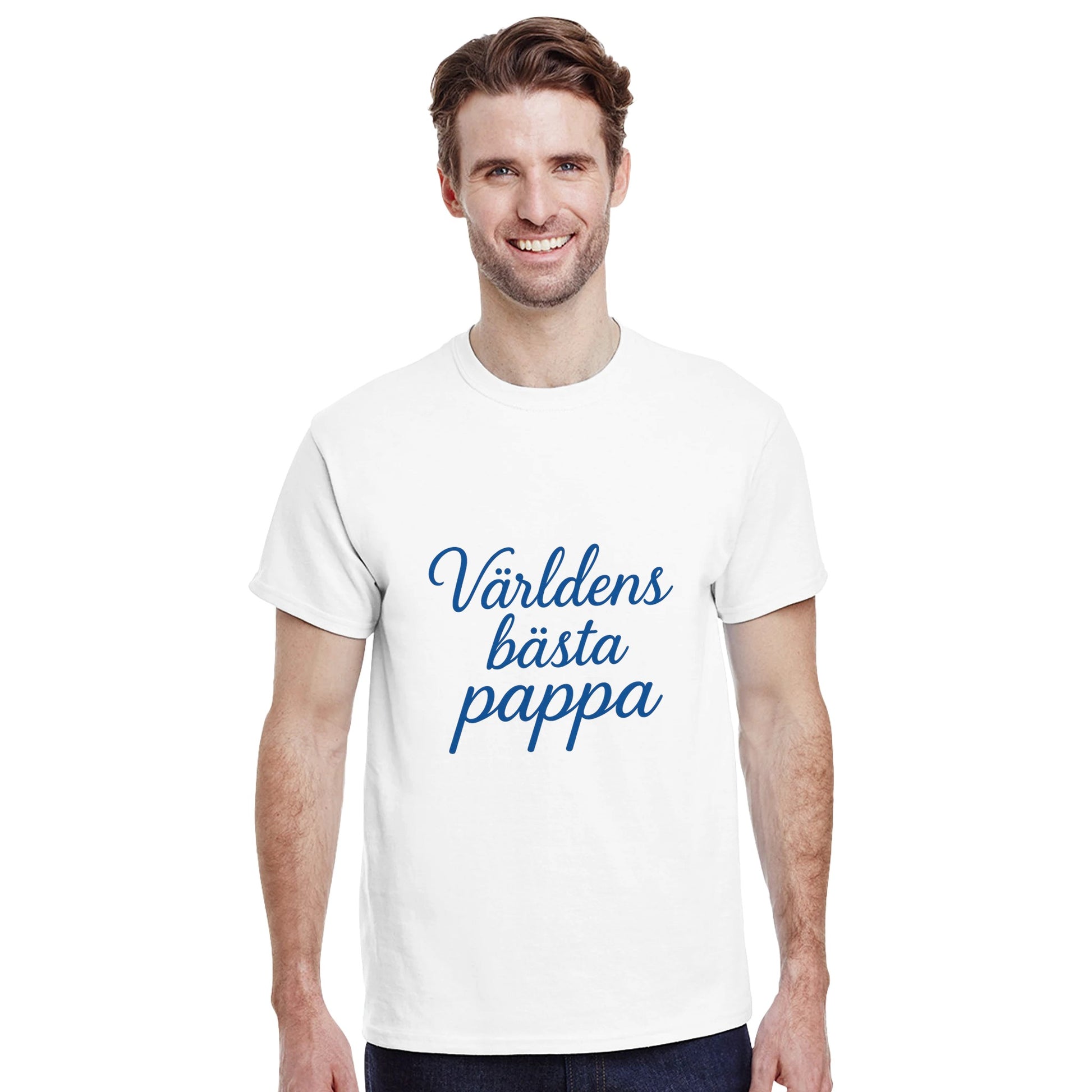 T-shirt med 'Världens bästa pappa' i elegant handskriven font och kunglig blå färg, perfekt för stilfulla pappor.