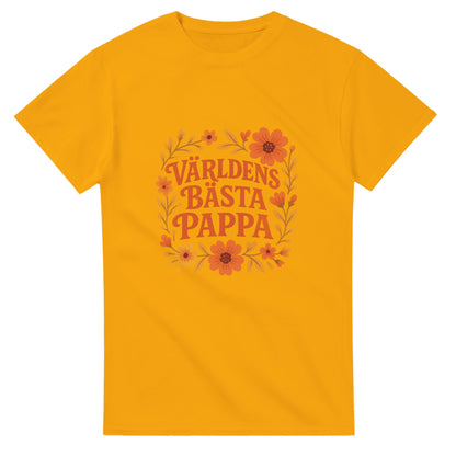 T-shirt med blommig hyllning till pappa. Färgglada blommor omger texten världens bästa pappa. Perfekt kärleksfull gåva!