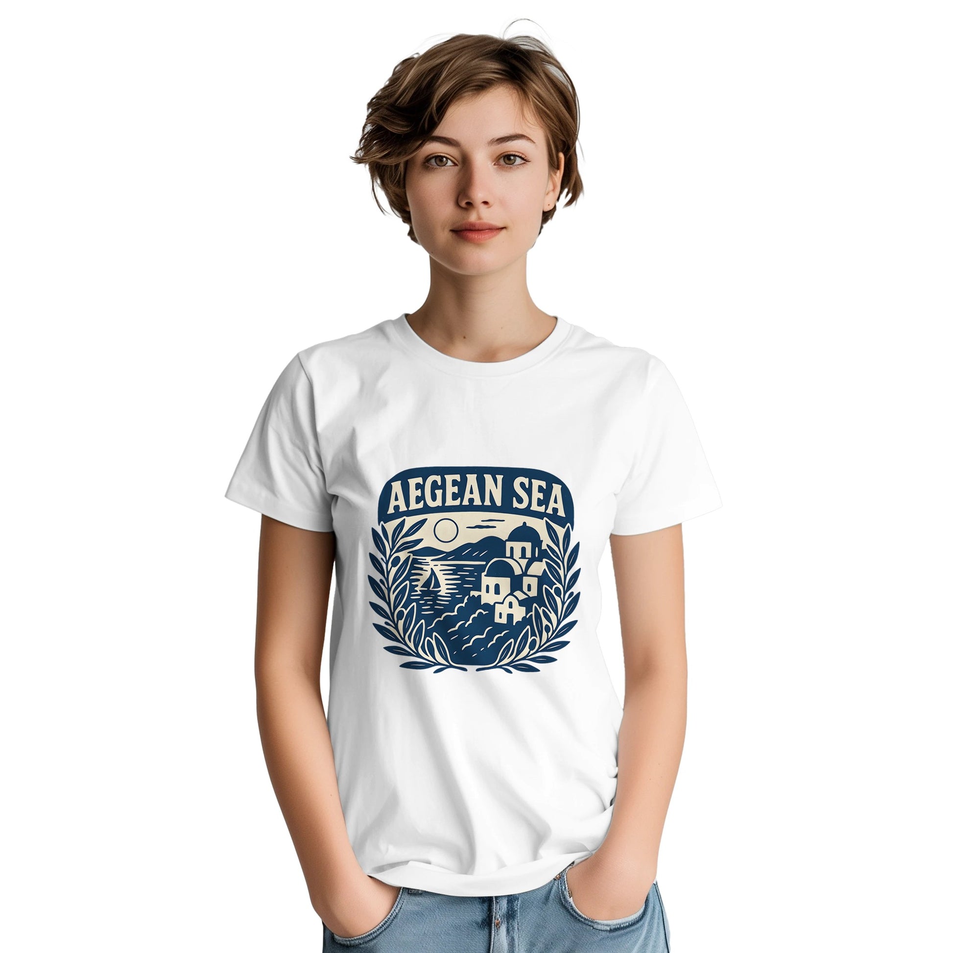 Tidlös skönhet från Egeiska havet. Klassiskt elegant T-shirt som fångar Greklands landskap.