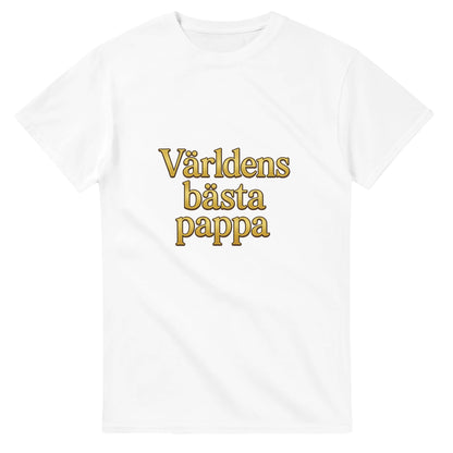 T-shirt med guldfärgad text 'Världens bästa pappa' i lyxig serif-font för en pampig känsla.