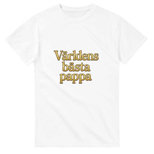 T-shirt med guldfärgad text 'Världens bästa pappa' i lyxig serif-font för en pampig känsla.