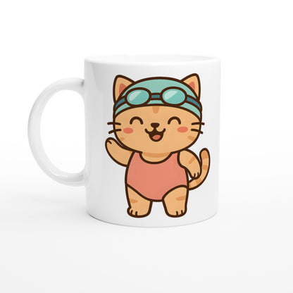 Mugg med tecknad katt i baddräkt och simglasögon, perfekt för simmare. Söt kattmugg för simälskare!