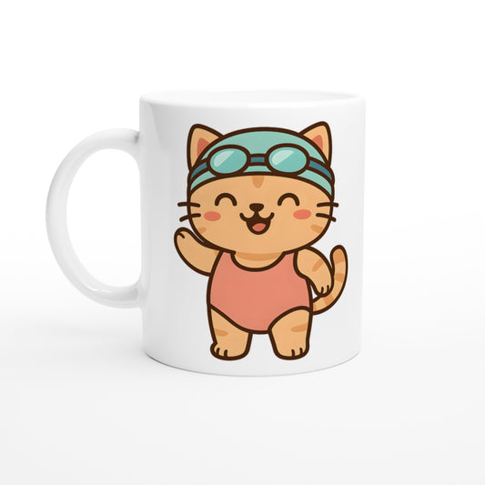 Mugg med tecknad katt i baddräkt och simglasögon, perfekt för simmare. Söt kattmugg för simälskare!