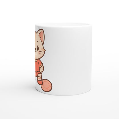 Mugg med rödklädd katt, perfekt för fotbollsfans och kattälskare. Charmigt och unikt motiv.