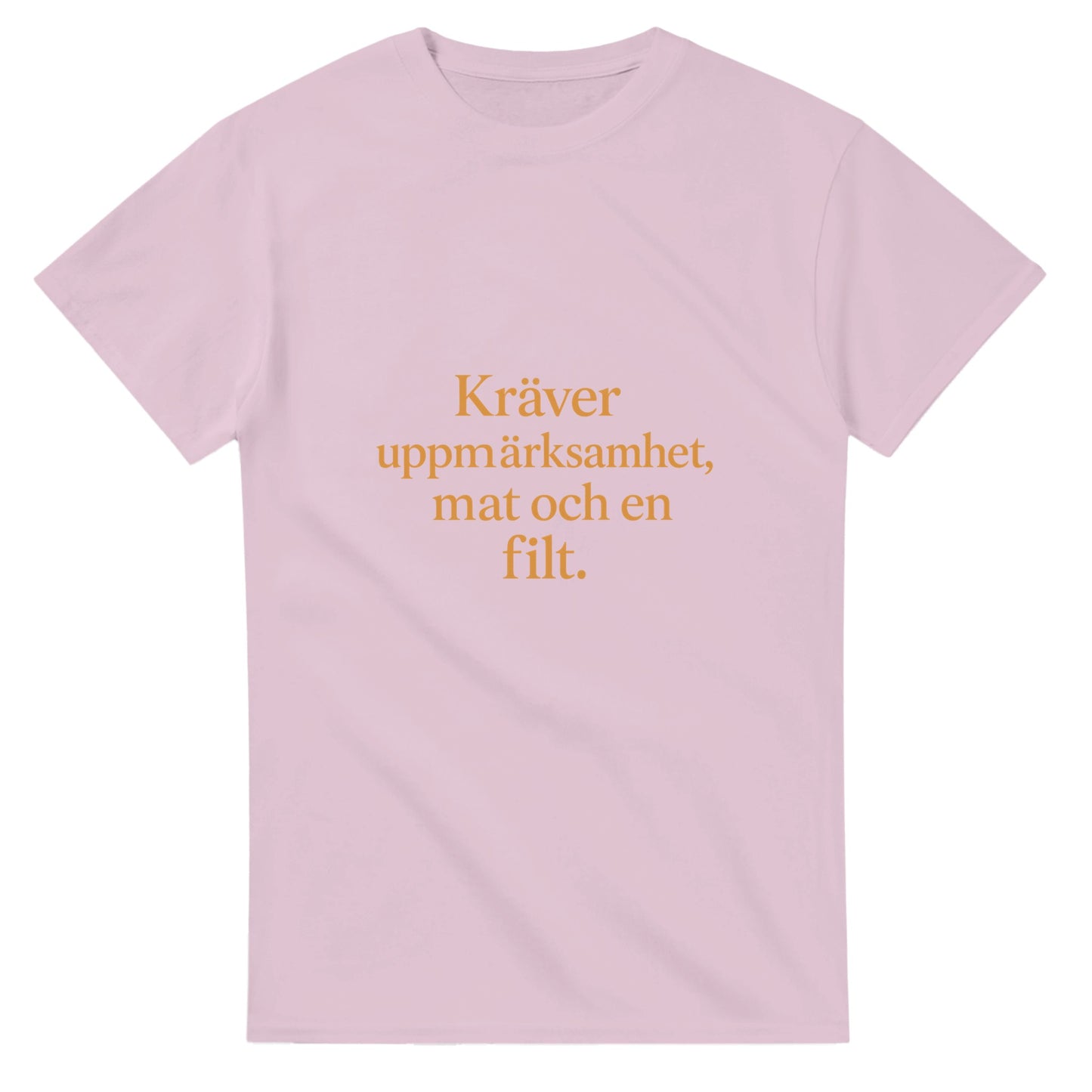 T-shirt med rolig och varm statement-text för henne. Kräver uppmärksamhet, mat och en filt. Chic font och tonad färg.