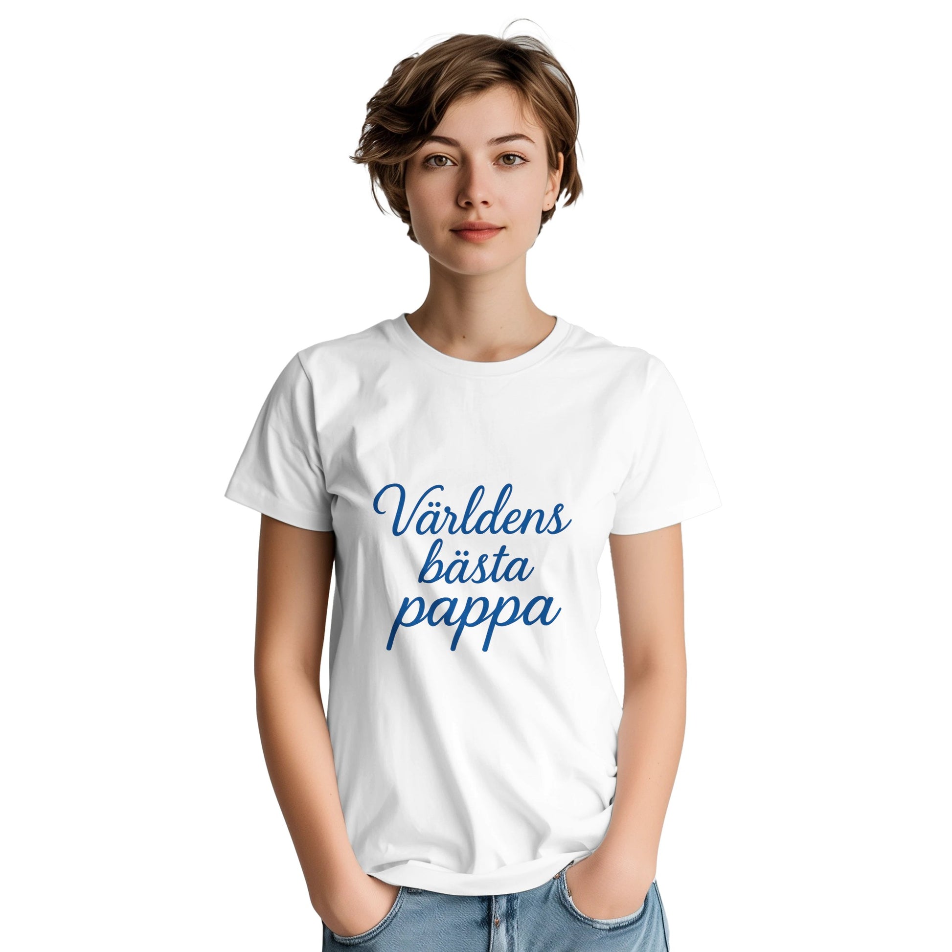 T-shirt med 'Världens bästa pappa' i elegant handskriven font och kunglig blå färg, perfekt för stilfulla pappor.