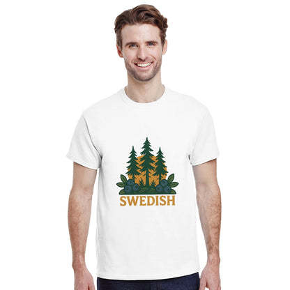 Vintage t-shirt med svensk skogsinspiration, kombinerar stil och natur med bär och barr.