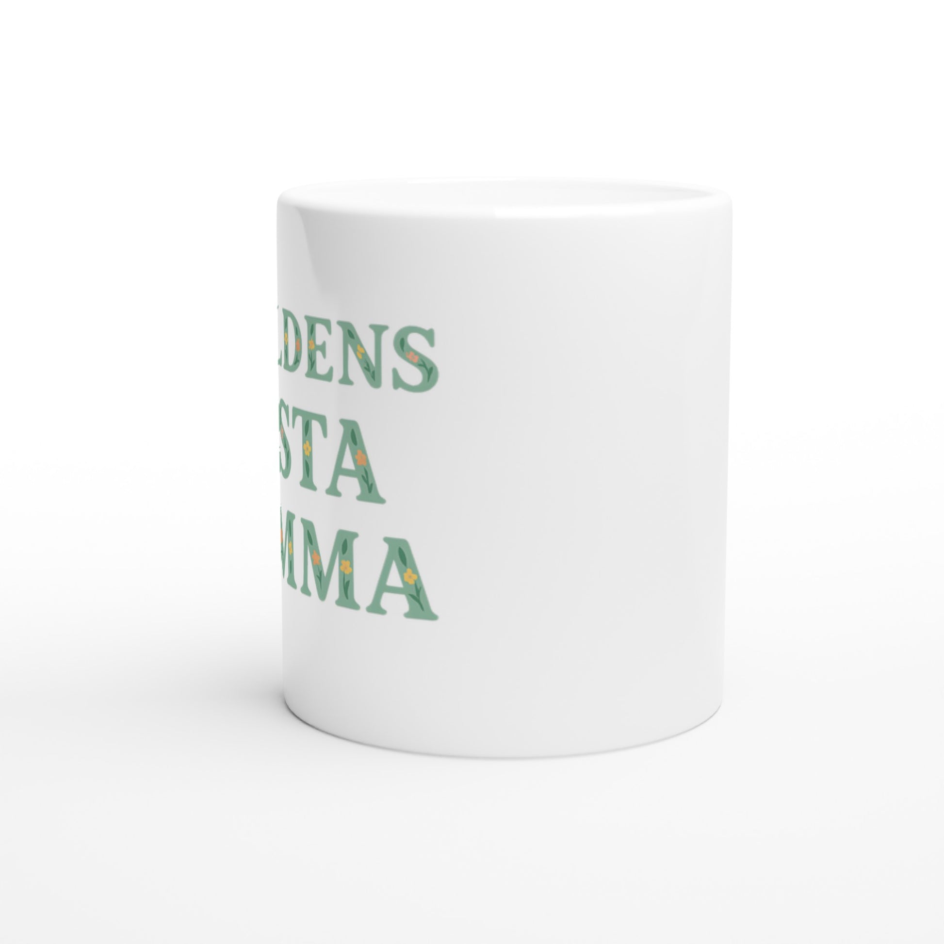 Mugg med blommigt mönster och texten 'Världens bästa mamma' i mjuk grön färg. Perfekt present till mamma.