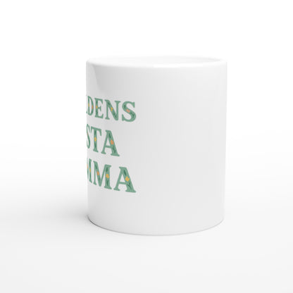 Mugg med blommigt mönster och texten 'Världens bästa mamma' i mjuk grön färg. Perfekt present till mamma.
