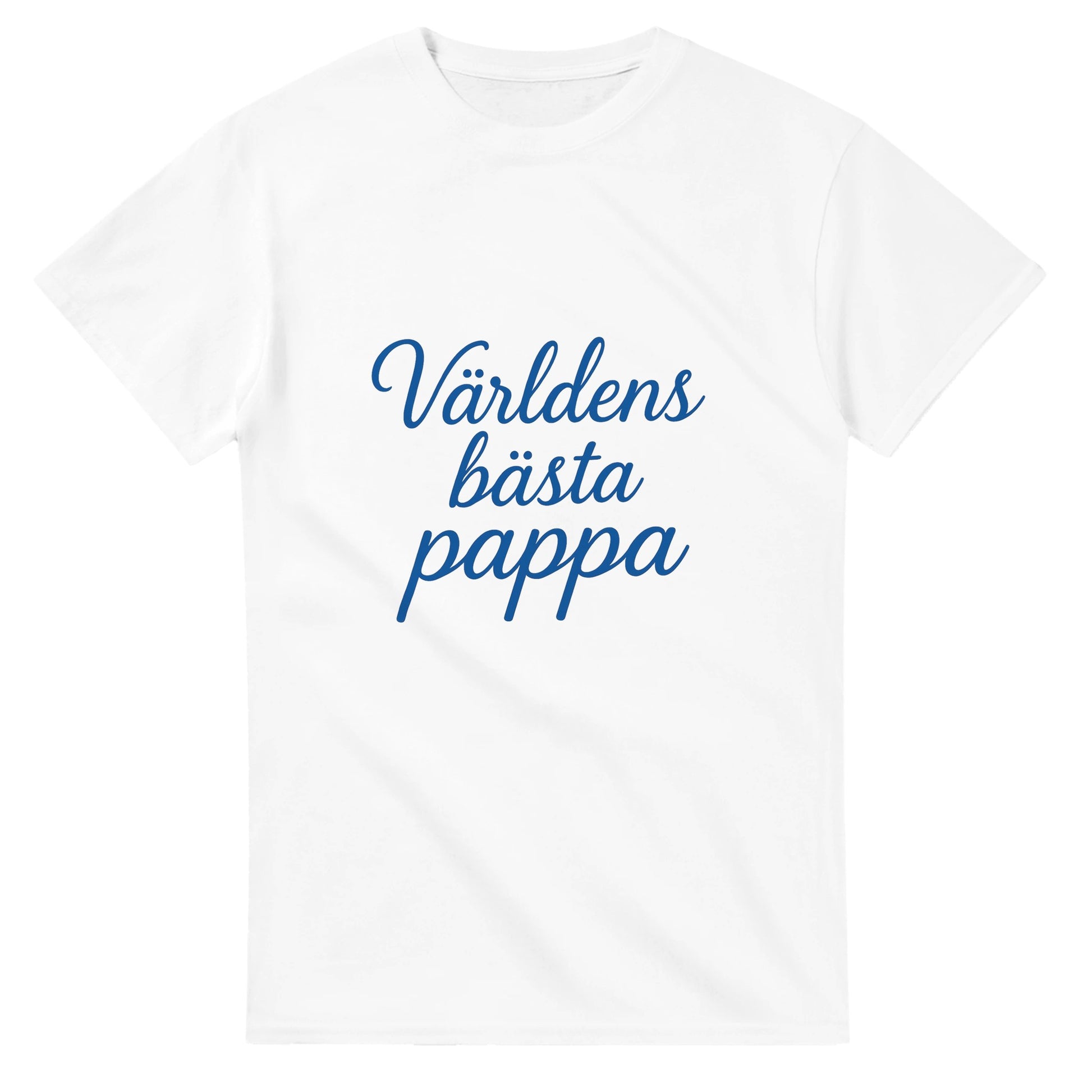 T-shirt med 'Världens bästa pappa' i elegant handskriven font och kunglig blå färg, perfekt för stilfulla pappor.