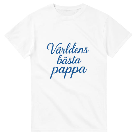 T-shirt med 'Världens bästa pappa' i elegant handskriven font och kunglig blå färg, perfekt för stilfulla pappor.