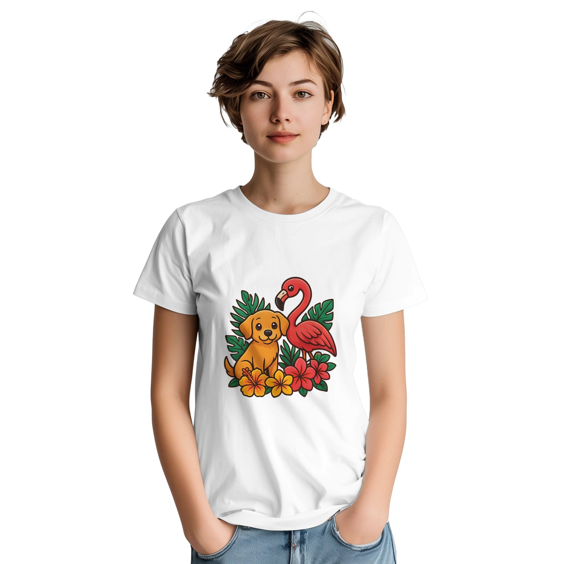 T-shirt med hund och flamingo i tropisk miljö, charmig och trendig design med färgglada blommor.