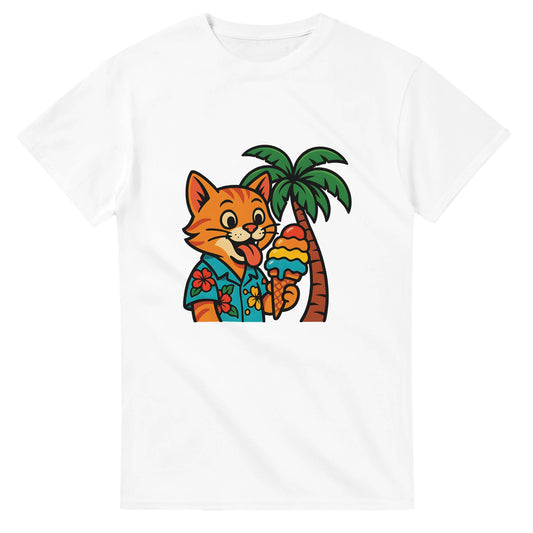 Katt i hawaiiskjorta slickar på regnbågsfärgad glass under palm.