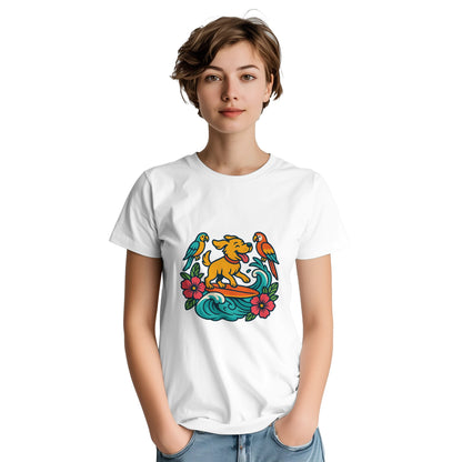 T-shirt med surfande hund, omgiven av tropiska vågor och färgglada fåglar. Glatt och somrigt motiv.