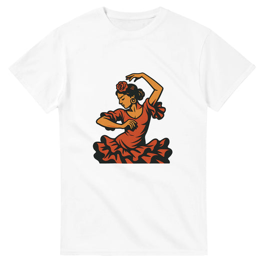 Vintage T-shirt med flamencodansare i varma färger som speglar Spaniens passion och energi.