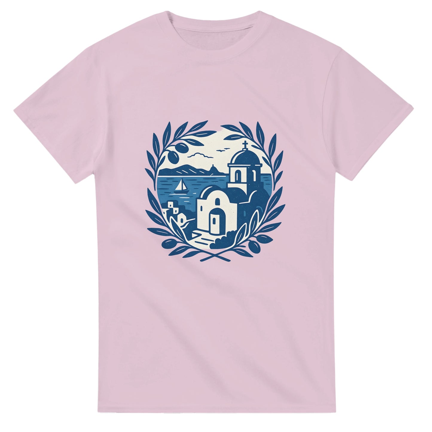 Vintage T-shirt med blåvitt kustlandskap för dig som älskar Greklands charm. Upplev Greklands kust varje dag.