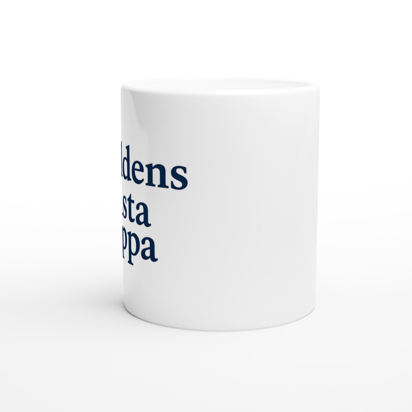 Klassisk pappa-mugg i djupblå stil med texten Världens bästa pappa i serif-font. Enkel men stolt hyllning.