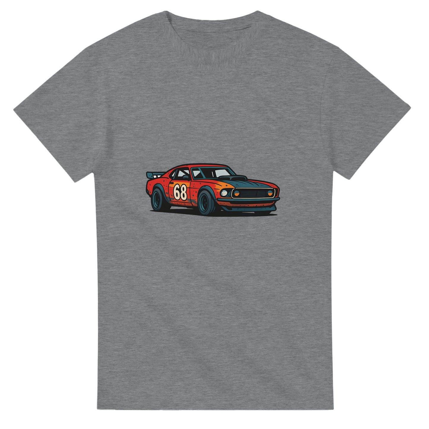 T-shirt med gatuloppstema och en vintage bil med en historia av fart och förändring.
