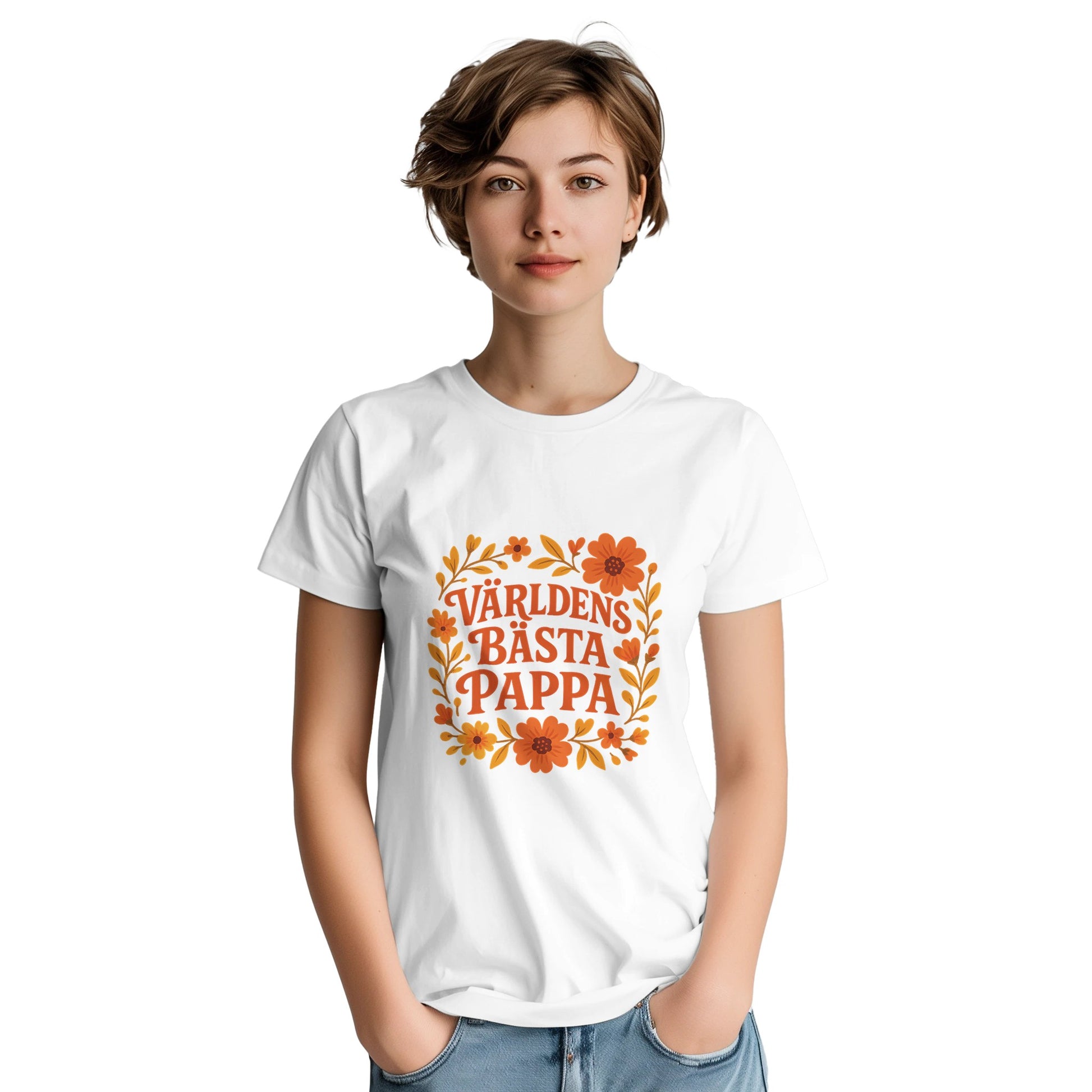T-shirt med blommig hyllning till pappa. Färgglada blommor omger texten världens bästa pappa. Perfekt kärleksfull gåva!