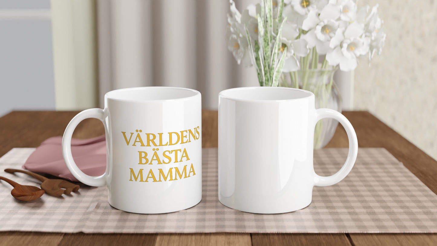 Mugg Guldglimt till Mamma - Lyxig mugg med 'Världens bästa mamma' i modern serif-font och skimrande guldgul färg.