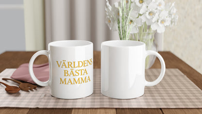 Mugg Guldglimt till Mamma - Lyxig mugg med 'Världens bästa mamma' i modern serif-font och skimrande guldgul färg.
