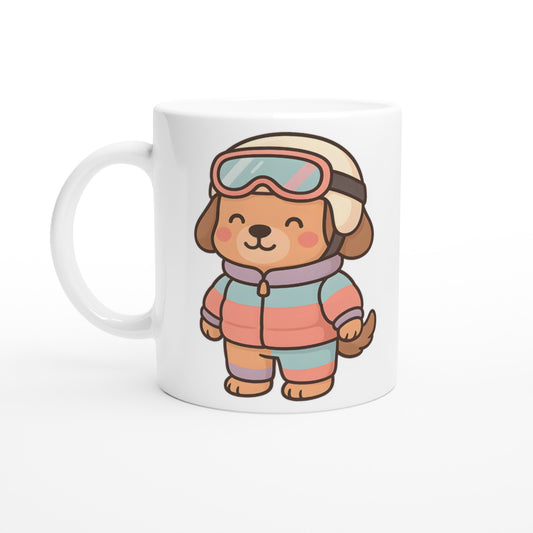 Hoppfull hund i skidkläder på en mugg, perfekt för skidåkare som vill börja dagen med stil.