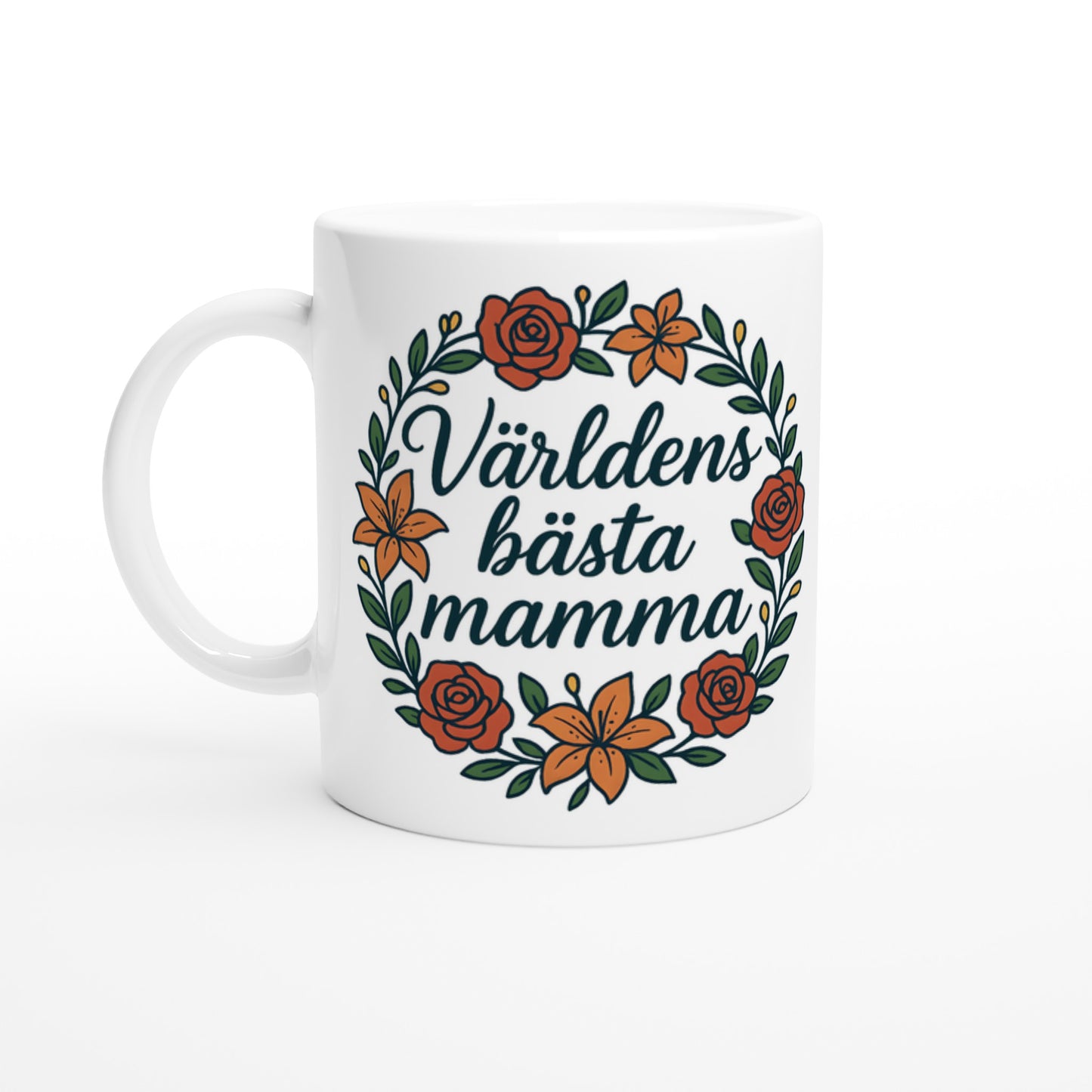 Mamma Magi - Blomkransmugg med handskriven text Världens bästa mamma och elegant blomkrans. Perfekt för den älskade mamman.