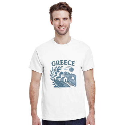 Retro T-shirt med grekiskt kustlandskapsmotiv - nostalgisk stil för en tidlös look