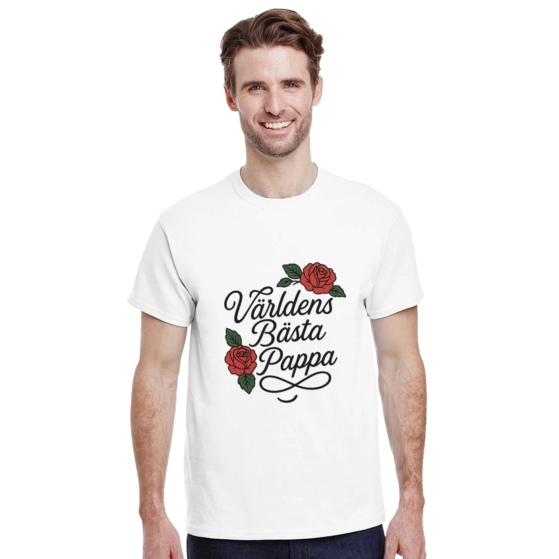 Kärleksfull typografi med mjuka linjer och rosor - perfekt för den stilmedvetna pappan.