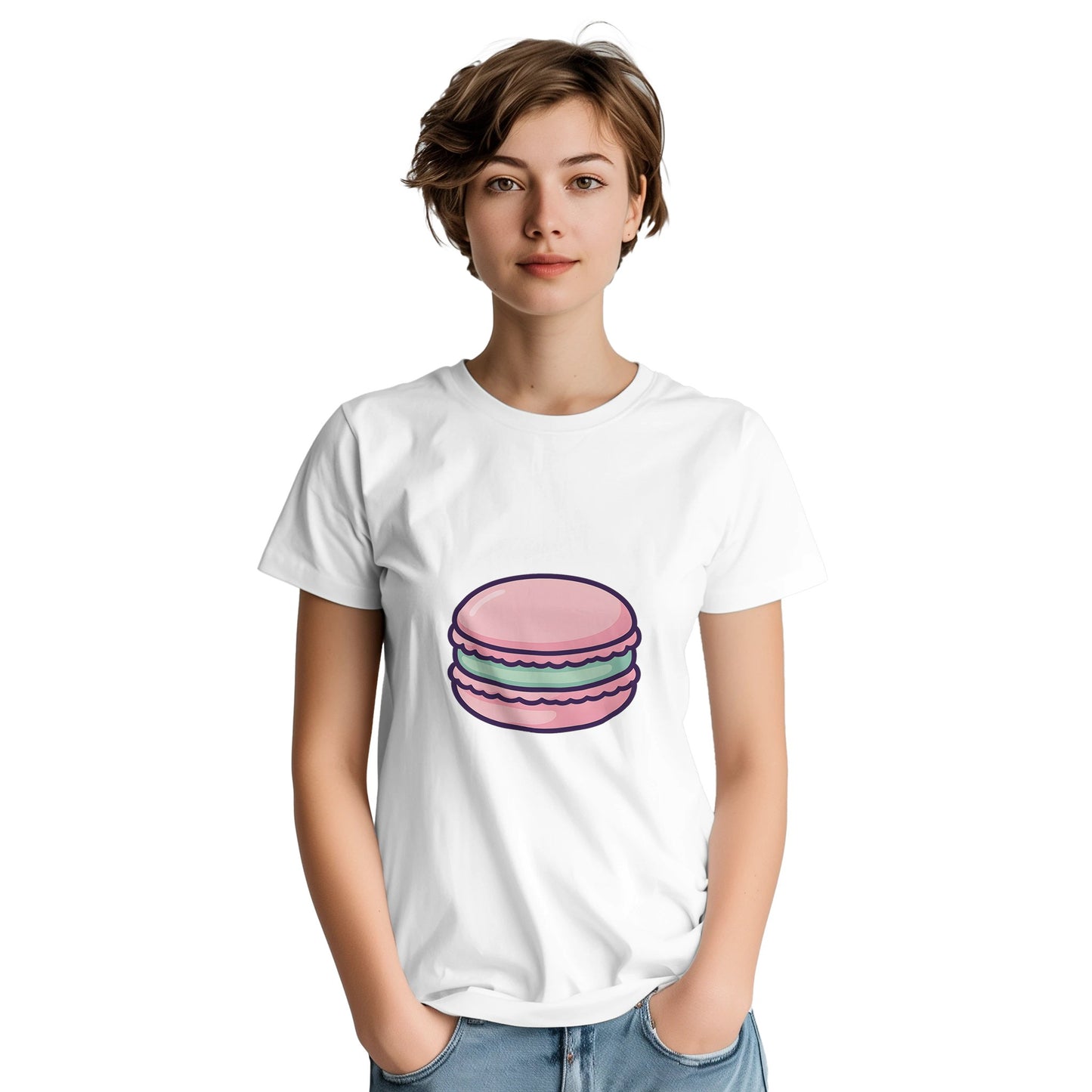 Stilren t-shirt med macaron motiv, perfekt för franska delikatesskonnässören.