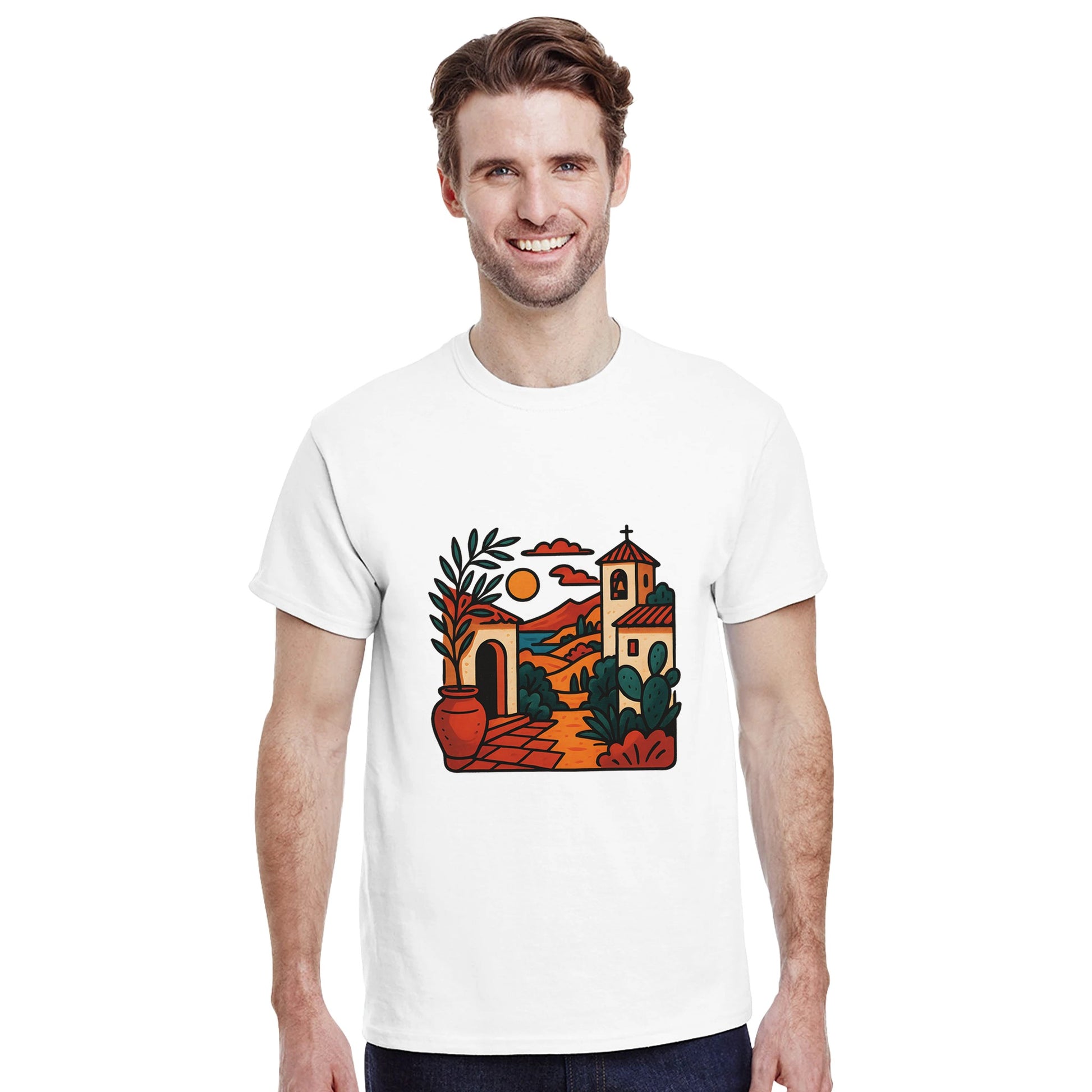 T-shirt med konstnärlig design som fångar Medelhavets charm och Spaniens varma kultur.