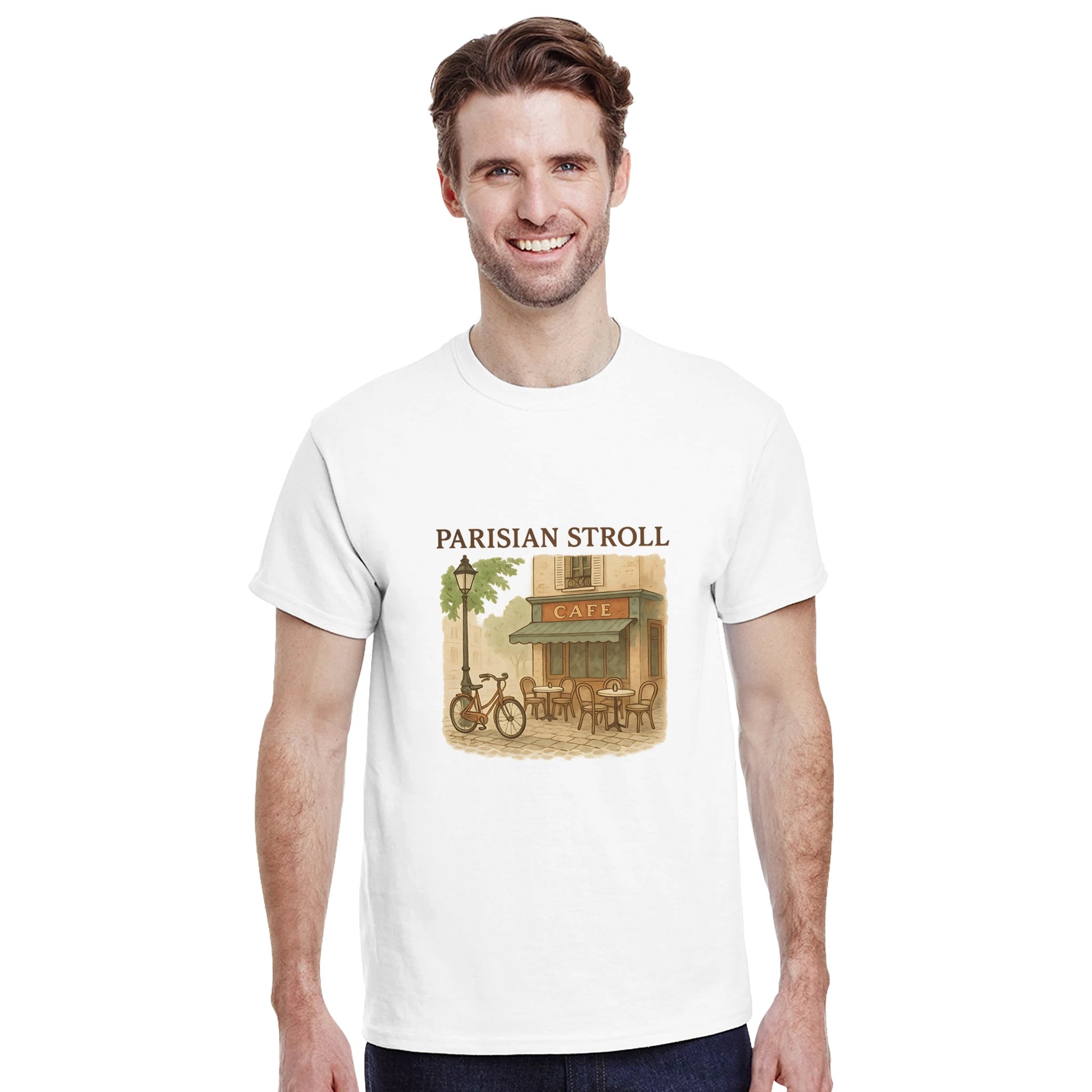 Fransk gata i retrostil på T-shirt för en nostalgisk promenad i Paris.