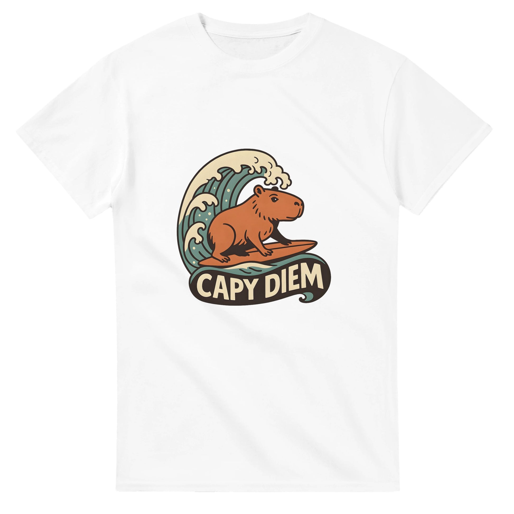Capy Diem - Surfande capybara som symboliserar positivitet och livsglädje på stranden. Perfekt för strandälskare!