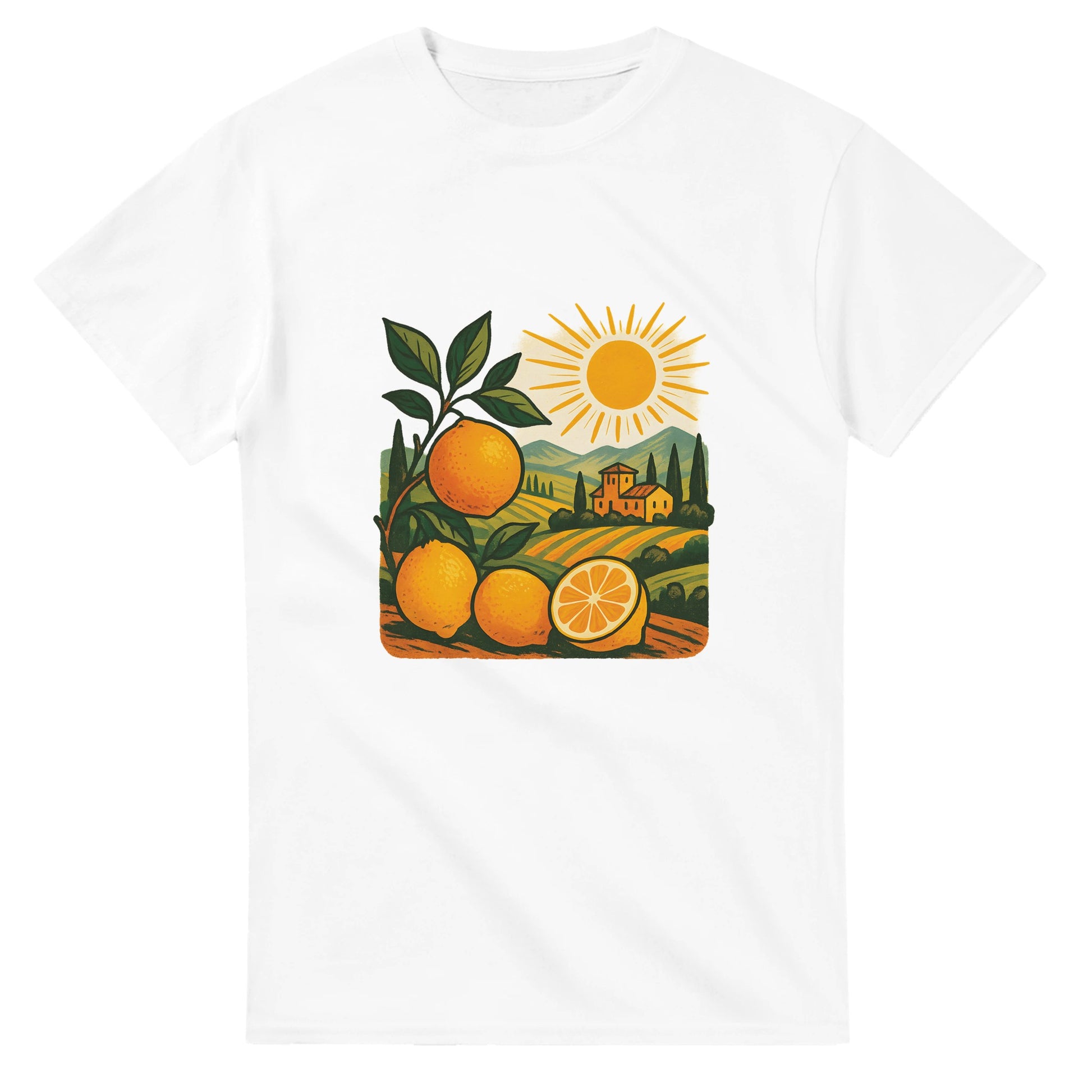 T-shirt med solkust och citrus i vintage stil, perfekt för Italien-fantaster. Toskansk känsla!