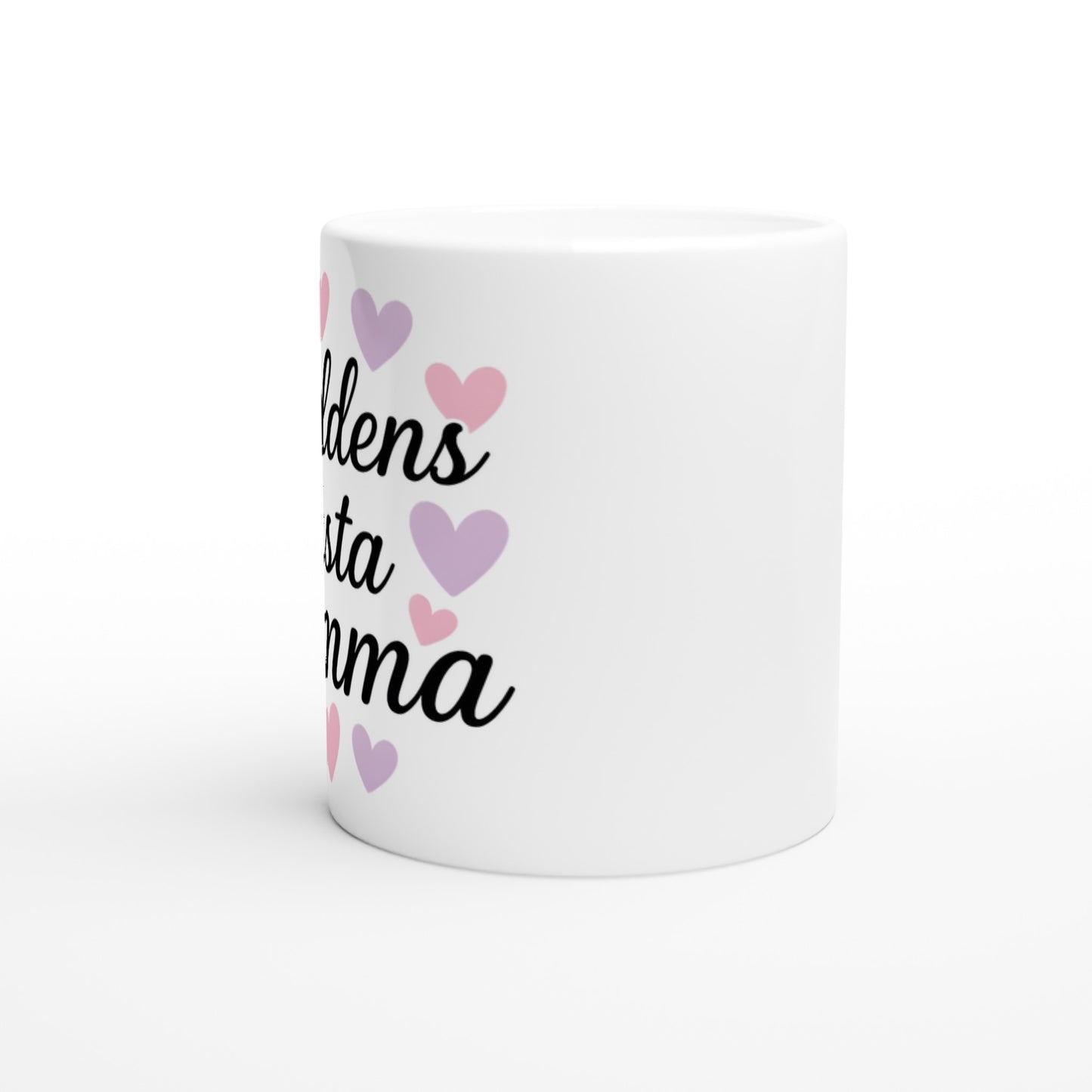 Mugg med hjärtan och texten 'Världens bästa mamma'. Perfekt för kaffe och te.