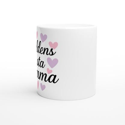 Mugg med hjärtan och texten 'Världens bästa mamma'. Perfekt för kaffe och te.