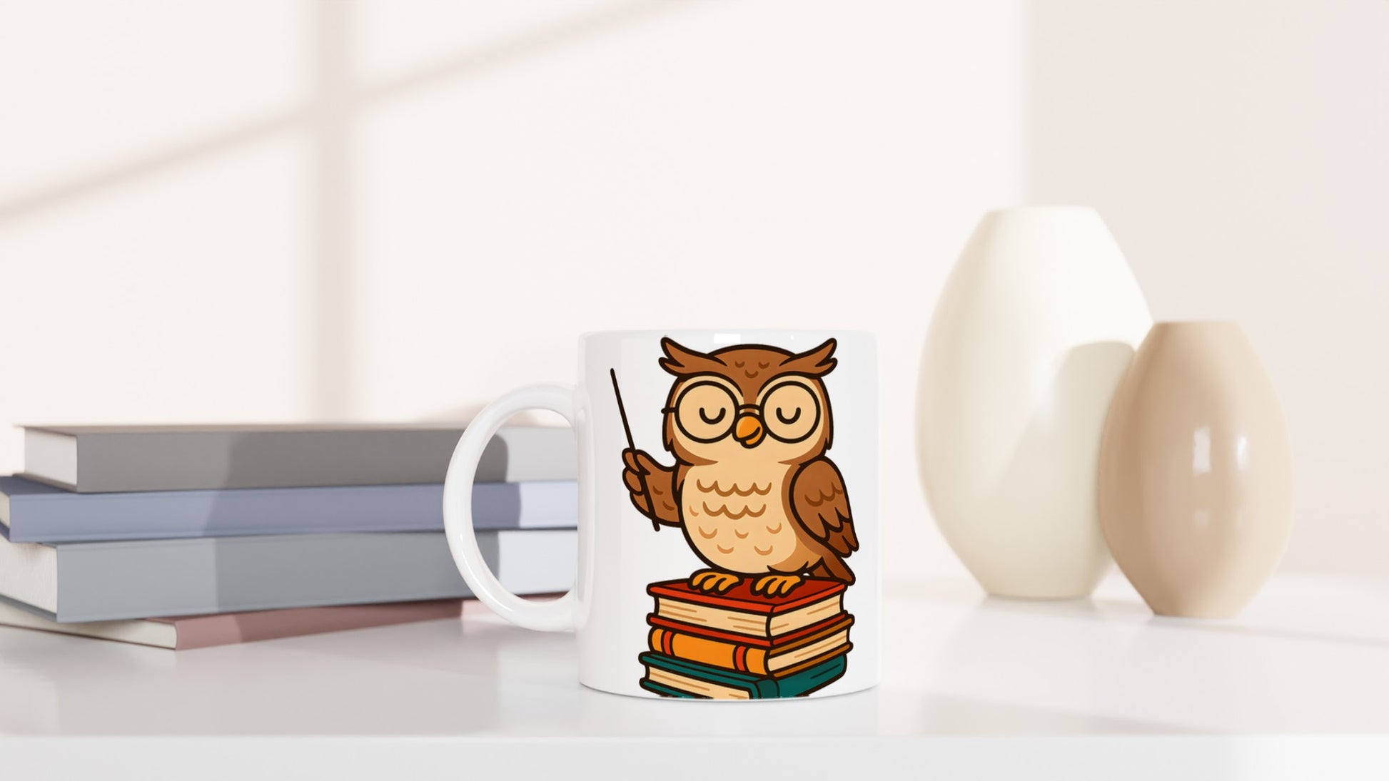 Uggla som lärare för ditt morgonkaffe. Perfekt för djurälskande lärare. Visdom från Ugglan.