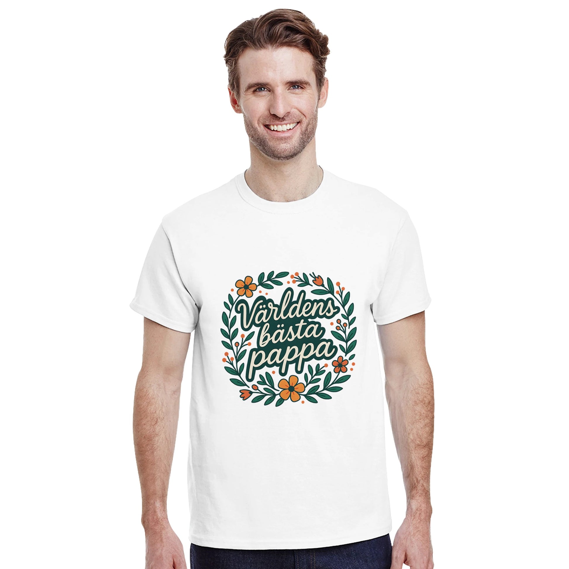 Stilig T-shirt för pappor med blomkrans och texten 'Världens bästa pappa' - perfekt present!