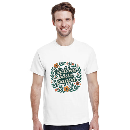 Stilig T-shirt för pappor med blomkrans och texten 'Världens bästa pappa' - perfekt present!