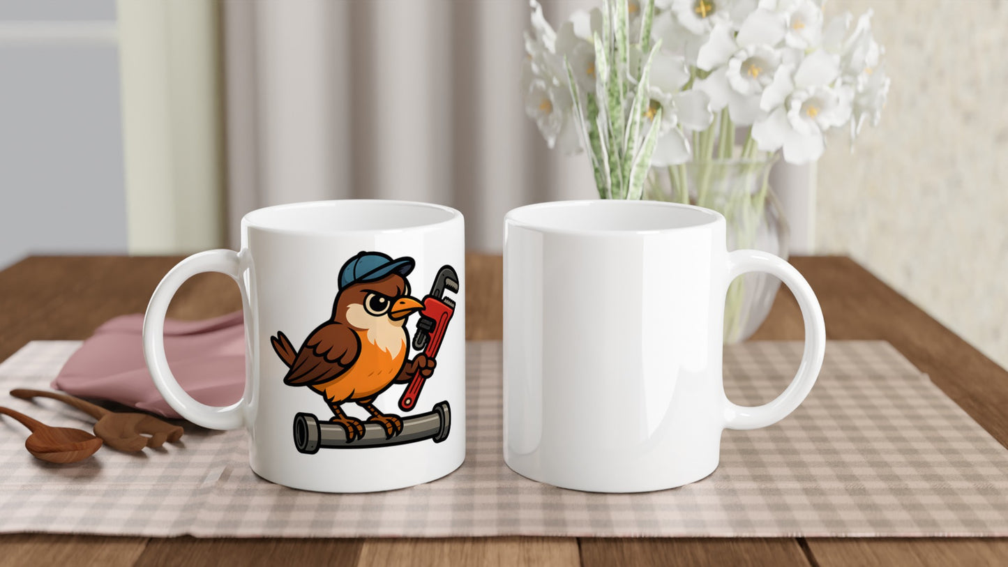 Fågel med rörtång visar sina rörmokarfärdigheter på rolig mugg för DIY-fans.
