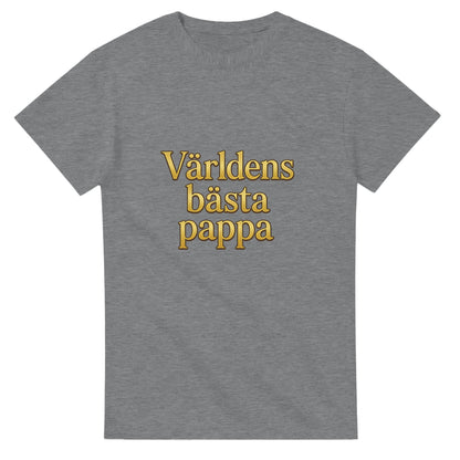 T-shirt med guldfärgad text 'Världens bästa pappa' i lyxig serif-font för en pampig känsla.