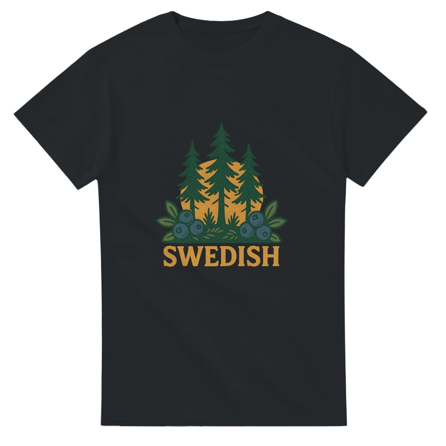 Vintage t-shirt med svensk skogsinspiration, kombinerar stil och natur med bär och barr.