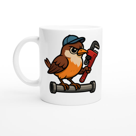 Fågel med rörtång visar sina rörmokarfärdigheter på rolig mugg för DIY-fans.