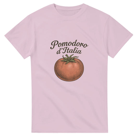 T-shirt med vintage tomatmotiv och texten 'Pomodoro d’Italia' i kurvig italiensk typografi.