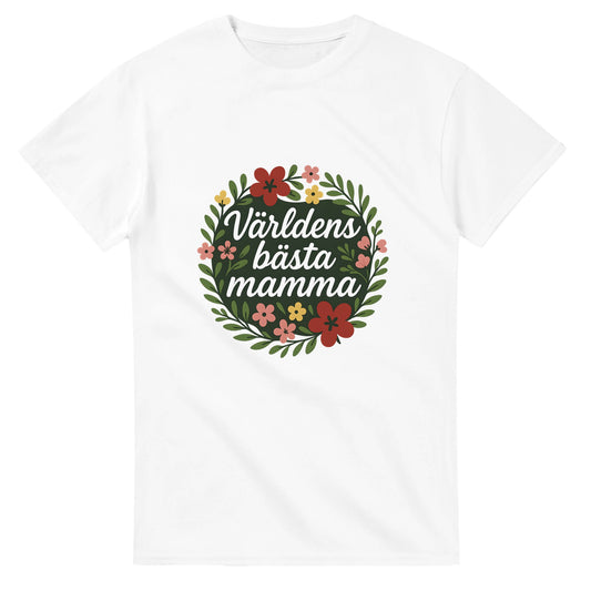 T-shirt med blommor och text, perfekt för att hylla världens bästa mamma med stil och elegans.