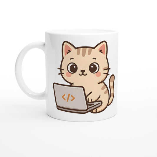 Mugg med katt som kodar på laptop. Perfekt för programmerare!