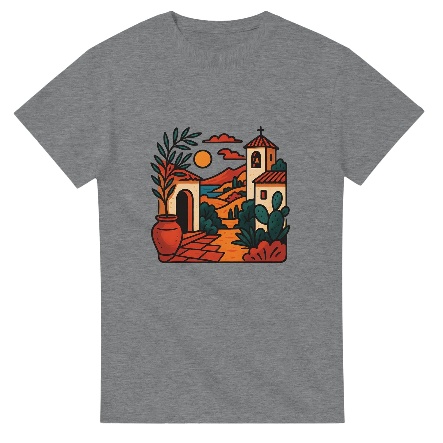 T-shirt med konstnärlig design som fångar Medelhavets charm och Spaniens varma kultur.
